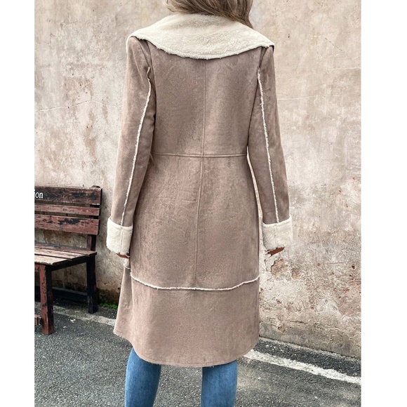 Luxe Vegan Suede Teddy Lined Button Knee Length Jacket Coat - Picture 6 of 11